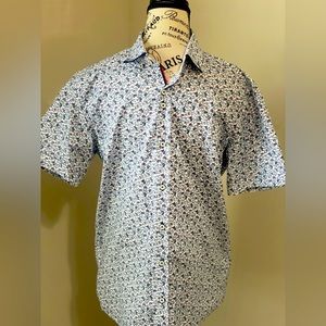 Guide London Premium Men's Shirt Short Sleeve White & Blue Floral Print Size S